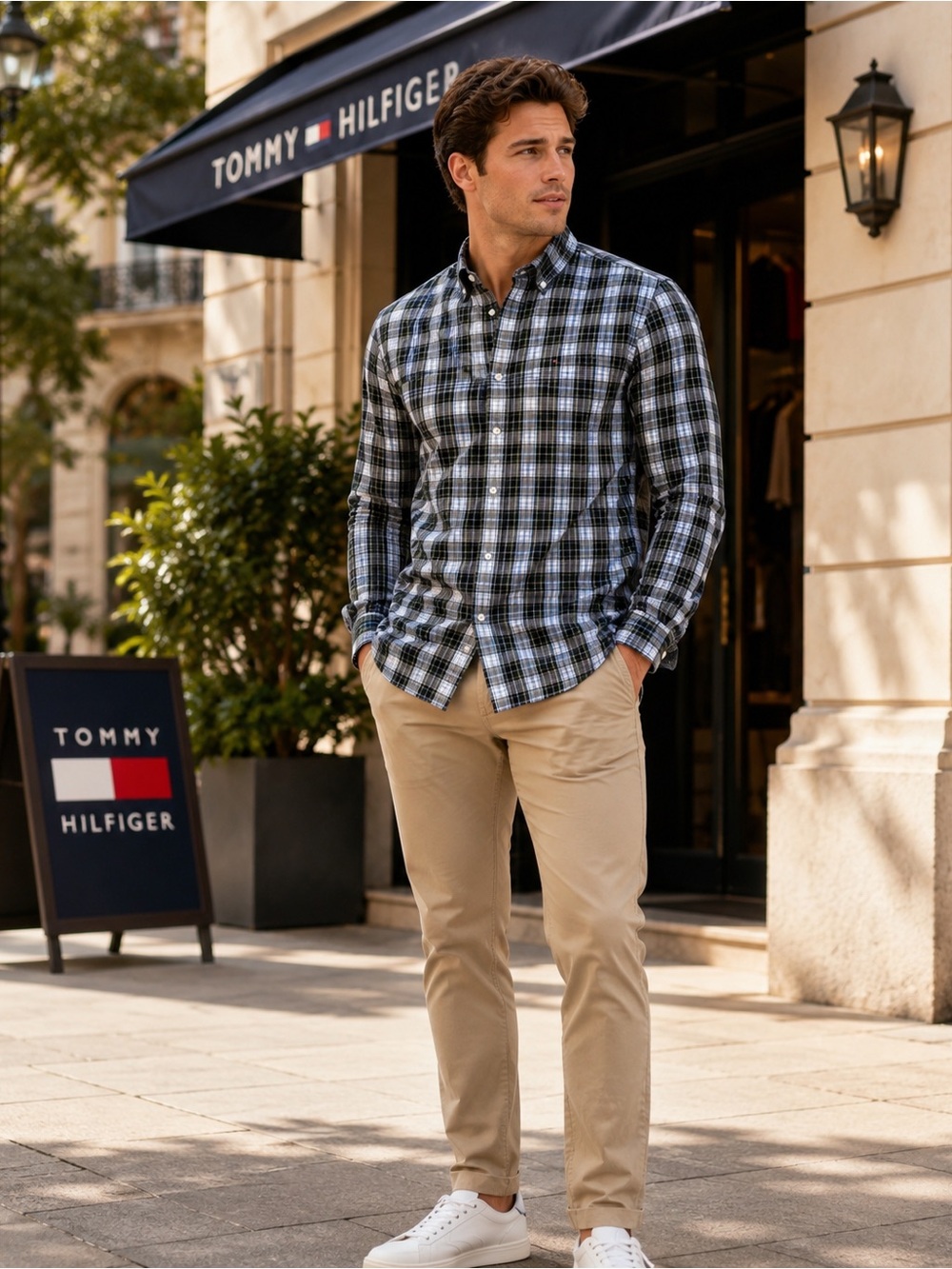Tommy Hilfiger Mens XL 100s 2-Ply Cotton Plaid Classic Fit Shirt